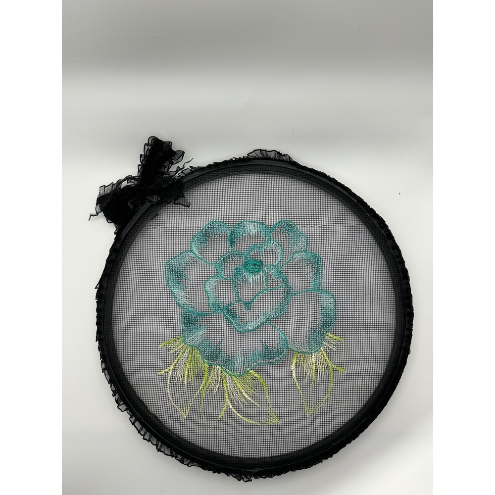 Vintage Embroidered Floral Mesh Wall Art Black Lace Trim Teal Rose Decor 10"